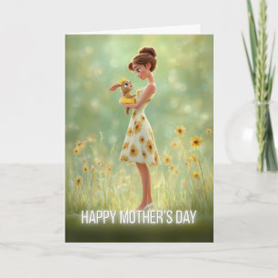 Carte Femme tenant un lapin mignon en jaune : Fête des m