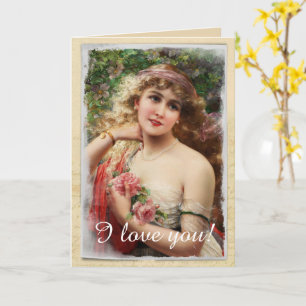 Carte Femme victorienne avec roses roses romantiques