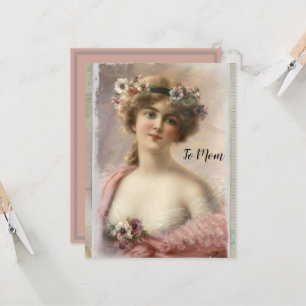 Carte Femme victorienne en détresse avec fleurs sur aqua