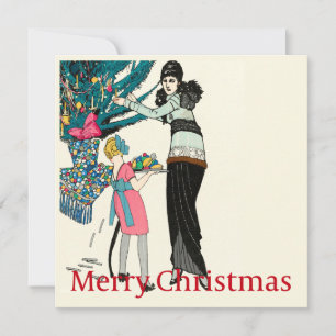 Carte Femme vintage 1930 décorant un arbre de Noël