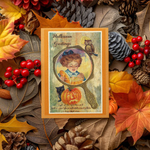 Carte Femme vintage Halloween, citrouille et hibou