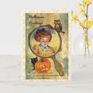 Carte Femme vintage Halloween, citrouille et hibou