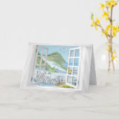 Carte fenêtre blanche avec océan mer anniversaire (Fleur jaune)