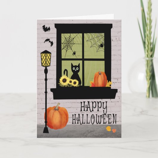 Carte Fenêtre d'Halloween avec chat noir et Citrouille (Devant)
