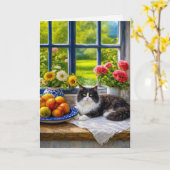 Carte Fenêtre ensoleillée, chat (Fleur jaune)