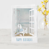 Carte fenêtre ouverte et chaise de plage scène anniversa (Fleur jaune)