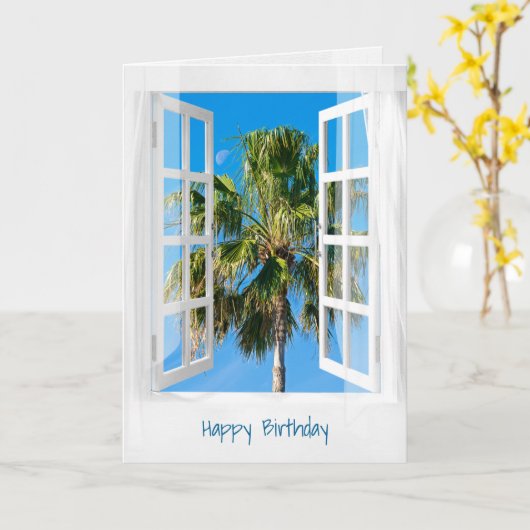 Carte fenêtre ouverte et palmier (Fleur jaune)