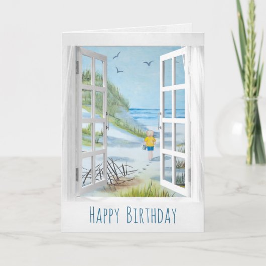 Carte fenêtre ouverte scène de bord de mer anniversaire (Devant)