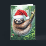Carte Fente De Noël Dans Rainforest<br><div class="desc">Un paresseux fantaisiste portant un chapeau de Père Noël rouge et blanc est suspendu confortablement à une branche au milieu d'une forêt verdoyante</div>