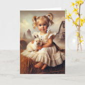 Carte Ferme Fille Avec Lapin Animé (Fleur jaune)