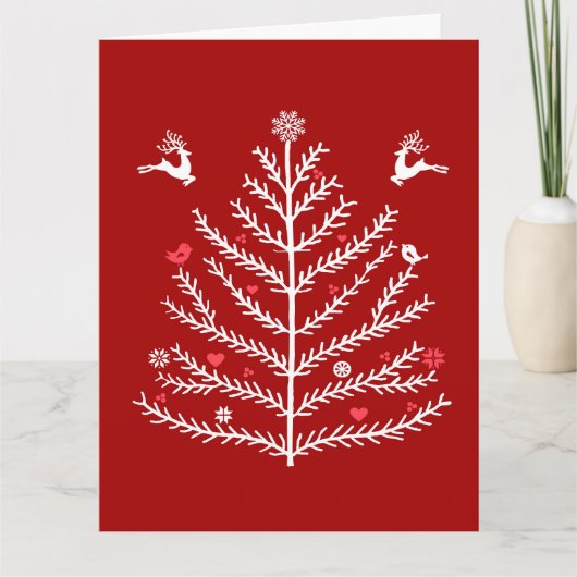 Carte Festif Nordic Christmas Tree Cerf rouge foncé (Devant)