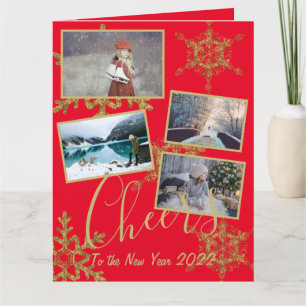 Carte Festive Rouge Cheers Nouvel An Gold Snowflake Phot