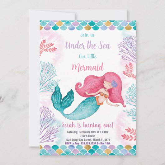 Carte Fête à thème de Filles éditable Ocean avec S (Devant)
