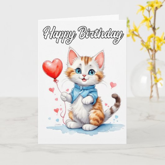 Carte Fête Animal Kitty Chat Joyeux Anniversaire (Fleur jaune)