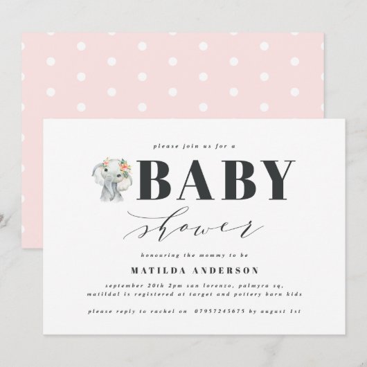 Carte Fête baby shower d'éléphant aquarelle (Devant / Derrière)