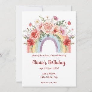 Carte Fête d'anniversaire aquarelle arc-en-ciel floral v