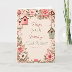 Carte Fête d'anniversaire aux oiseaux floraux roses