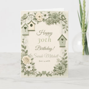 Carte Fête d'anniversaire Crème et Vert Sauge