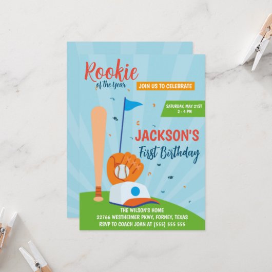 Carte Fête d'anniversaire de 1ère année Baseball Recrue  (Devant/Arrière en situation)