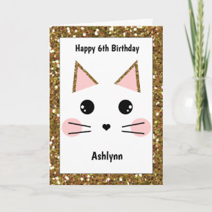 Carte Fête d'anniversaire de chat rose et paillettes dor