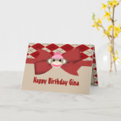 Carte Fête d'anniversaire de guingan de fille de singe (Fleur jaune)