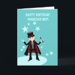 Carte Fête d'anniversaire d'enfant de magicien<br><div class="desc">Ce produit est pour les enfants qui aiment la magie et les magiciens. Il comporte un petit garçon mignon de magicien exécutant tours de magie avec un casquette, une baguette magique et un lapin magiques. Ce produit est idéal pour une fête d'anniversaire orientée de magicien ou pour les enfants qui...</div>