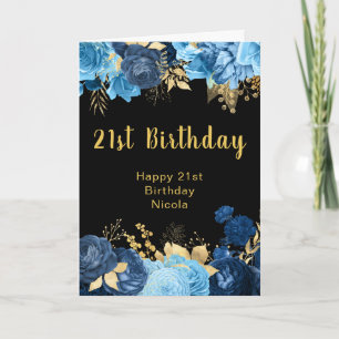 Carte Fête d'anniversaire élégante fleurs bleues et or