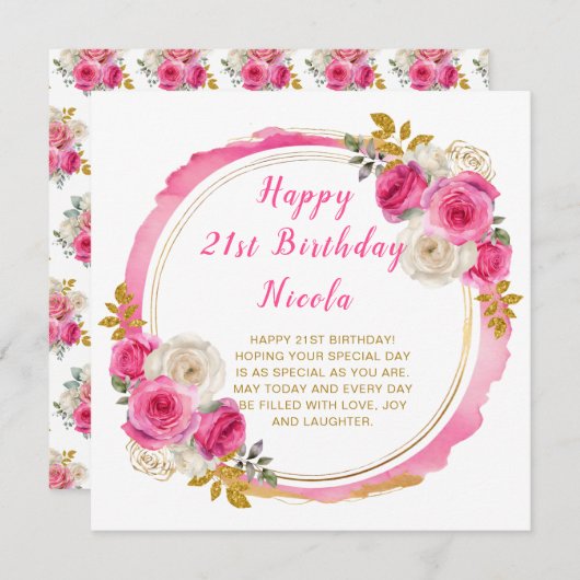 Carte Fête d'anniversaire élégante fleurs rose et or (Devant / Derrière)