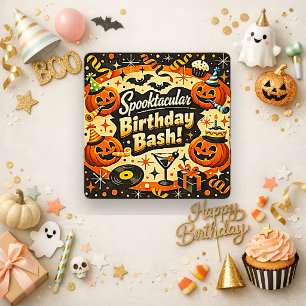 Carte Fête d'anniversaire Halloween rétro orange noir ép