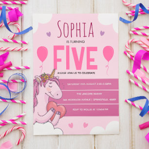 Carte Fête d'anniversaire licorne magique rose 5 ans