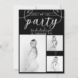 Carte Fête d'anniversaire photo noir et blanc coeurs mod