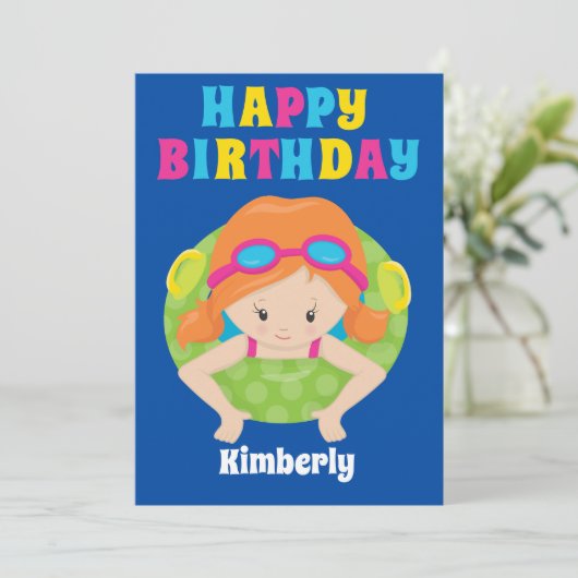 Carte Fête de baignade sur mesure de la fille Redhead Jo (Debout devant)