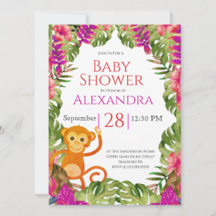Carte Fête de bébé fille singe rose faune tropicale 