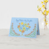 CARTE FÊTE DE LA MÈRE - FILLE - EN VICHY BLEU/FLEURS (Fleur jaune)