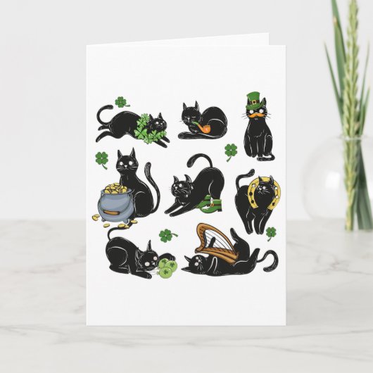 Carte Fête de la Saint-Patrick Trèfle Chat Noir Chats Ir (Devant)