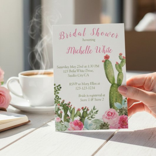 Carte Fête de mariage de Cactus Floral Rose Rustique