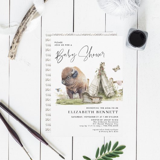Carte Fête de naissance de bébé buffle bison aquarelle