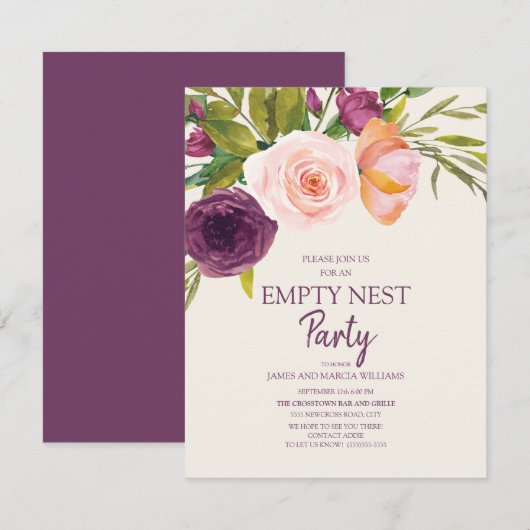 Carte Fête de nid vide Rose Floral Violet (Devant / Derrière)