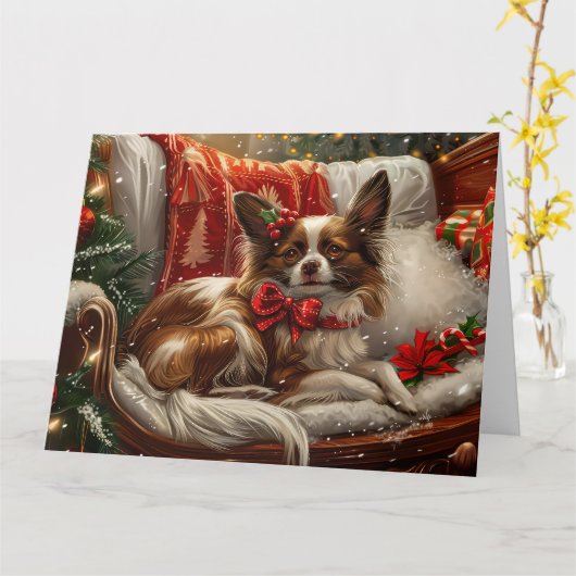Carte Fête de Noël de chien de Papillon (Fleur jaune)