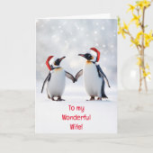Carte Fête de Noël de la femme Amour mignon Penguins Nei (Fleur jaune)