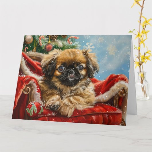 Carte Fête de Noël des chiens de Pékin (Fleur jaune)