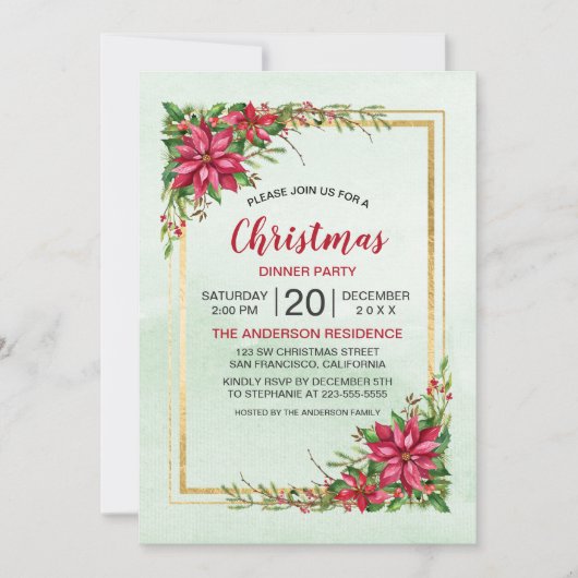 Carte Fête de Noël Rouge Poinsettia Floral Gold Frame (Devant)