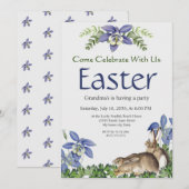 Carte Fête de Pâques Bleu élégant Floral Rabbit Aquarell (Devant / Derrière)