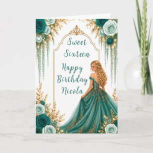 Carte Fête de Sweet Sixteen aux fleurs de vert sarcelle