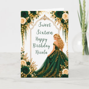 Carte Fête de Sweet Sixteen aux fleurs dorées vert émera
