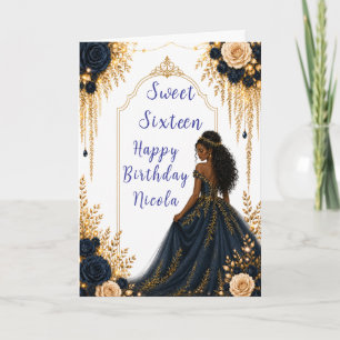 Carte Fête de Sweet Sixteen aux fleurs navales et dorées