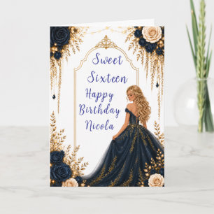 Carte Fête de Sweet Sixteen aux fleurs navies et dorées