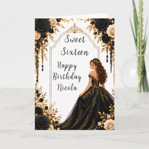 Carte Fête de Sweet Sixteen Fleurs Noir et Or