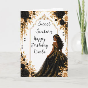 Carte Fête de Sweet Sixteen florale noire et or