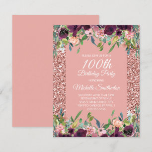 Carte Fête des 100 ans Fleurs Violettes Paillettes Roses